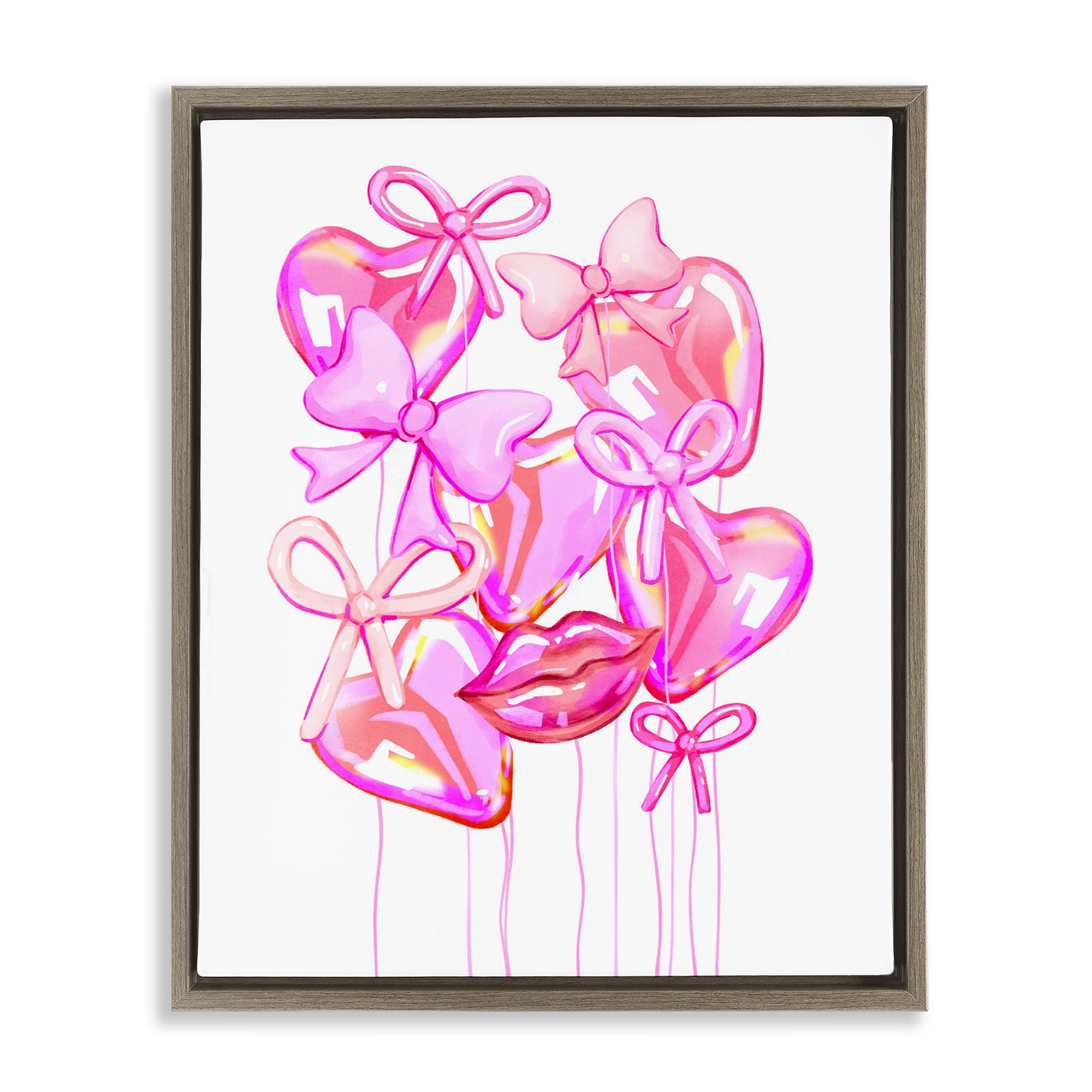 Pink Heart and Bow Balloons Brown Framed Floater Canvas Wall Art, design by Ziwei Li
