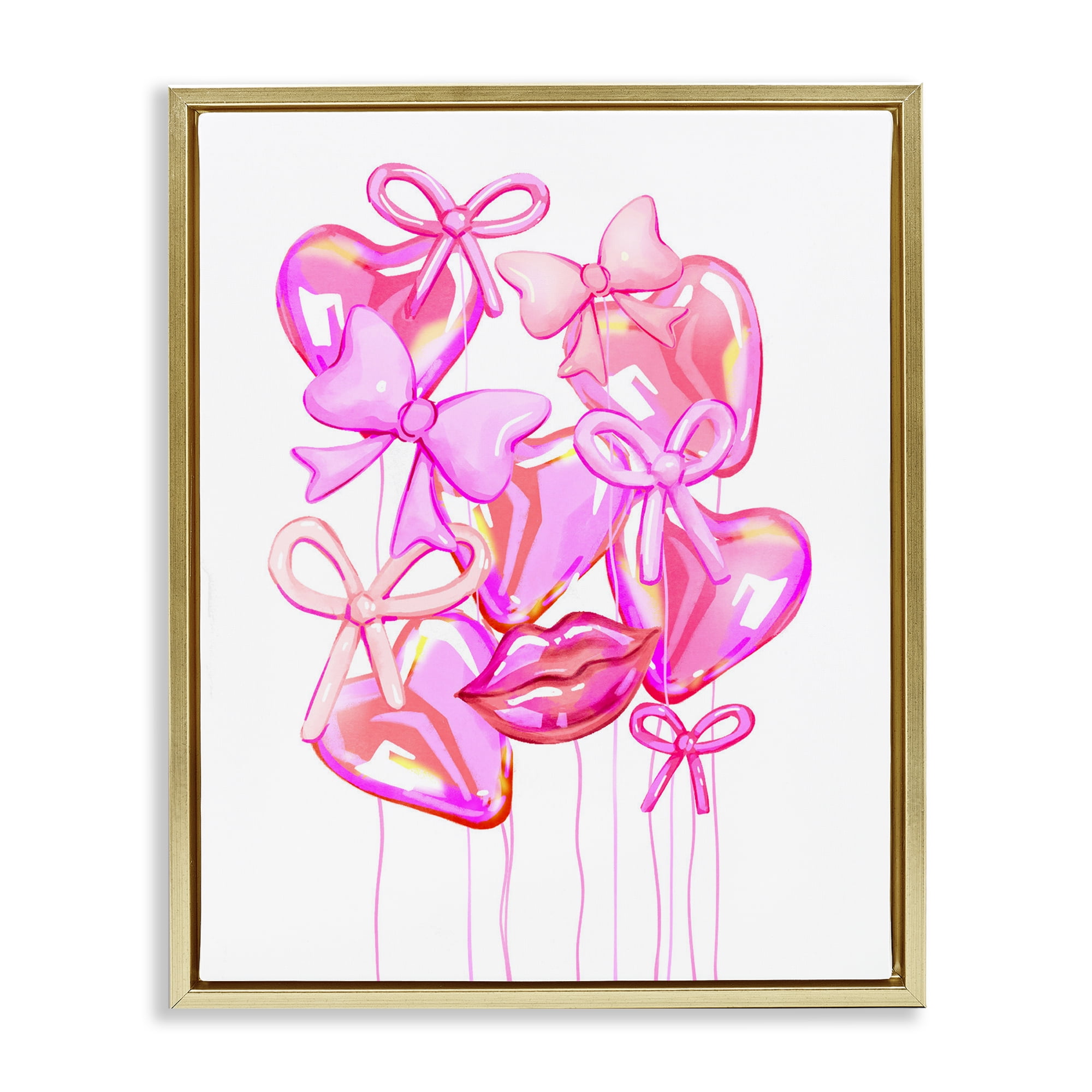 Pink Heart and Bow Balloons Gold Framed Floater Canvas Wall Art, design by Ziwei Li