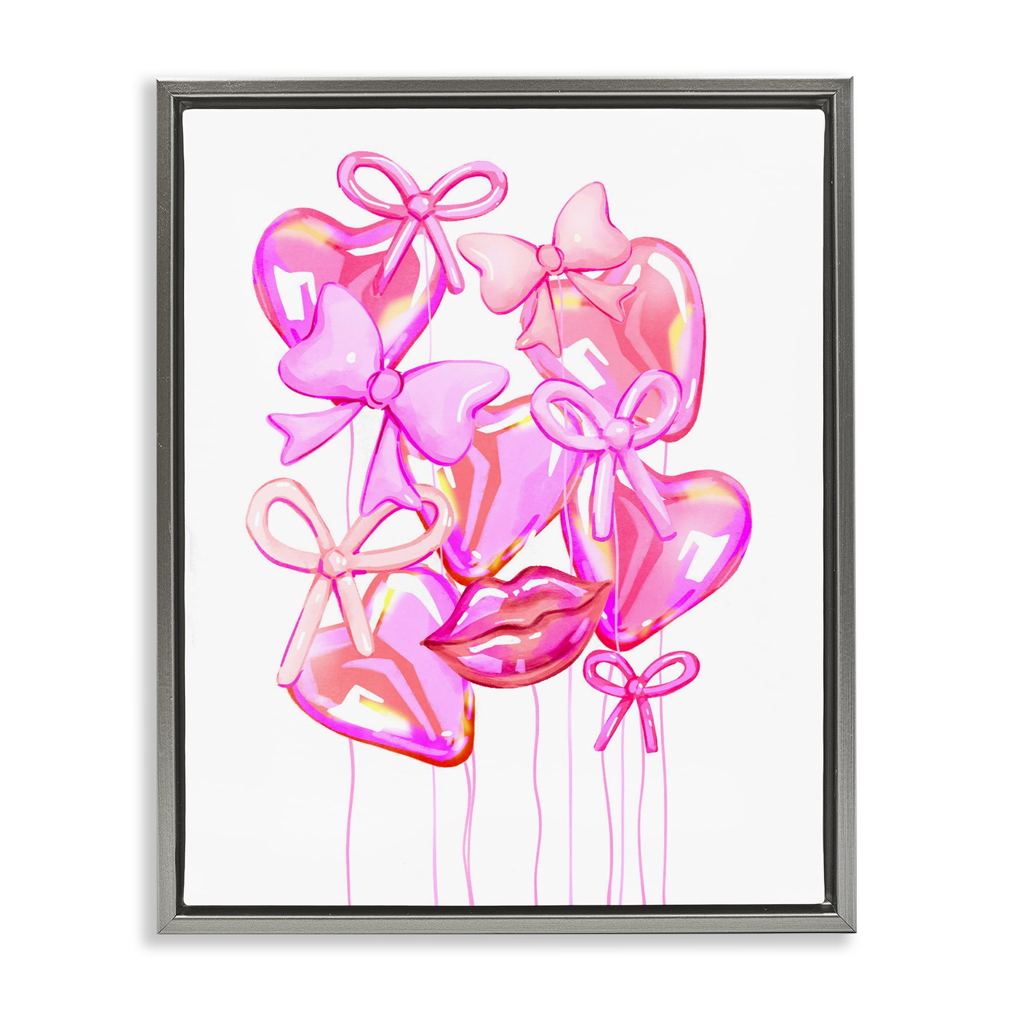 Pink Heart and Bow Balloons Gray Framed Floater Canvas Wall Art, design by Ziwei Li