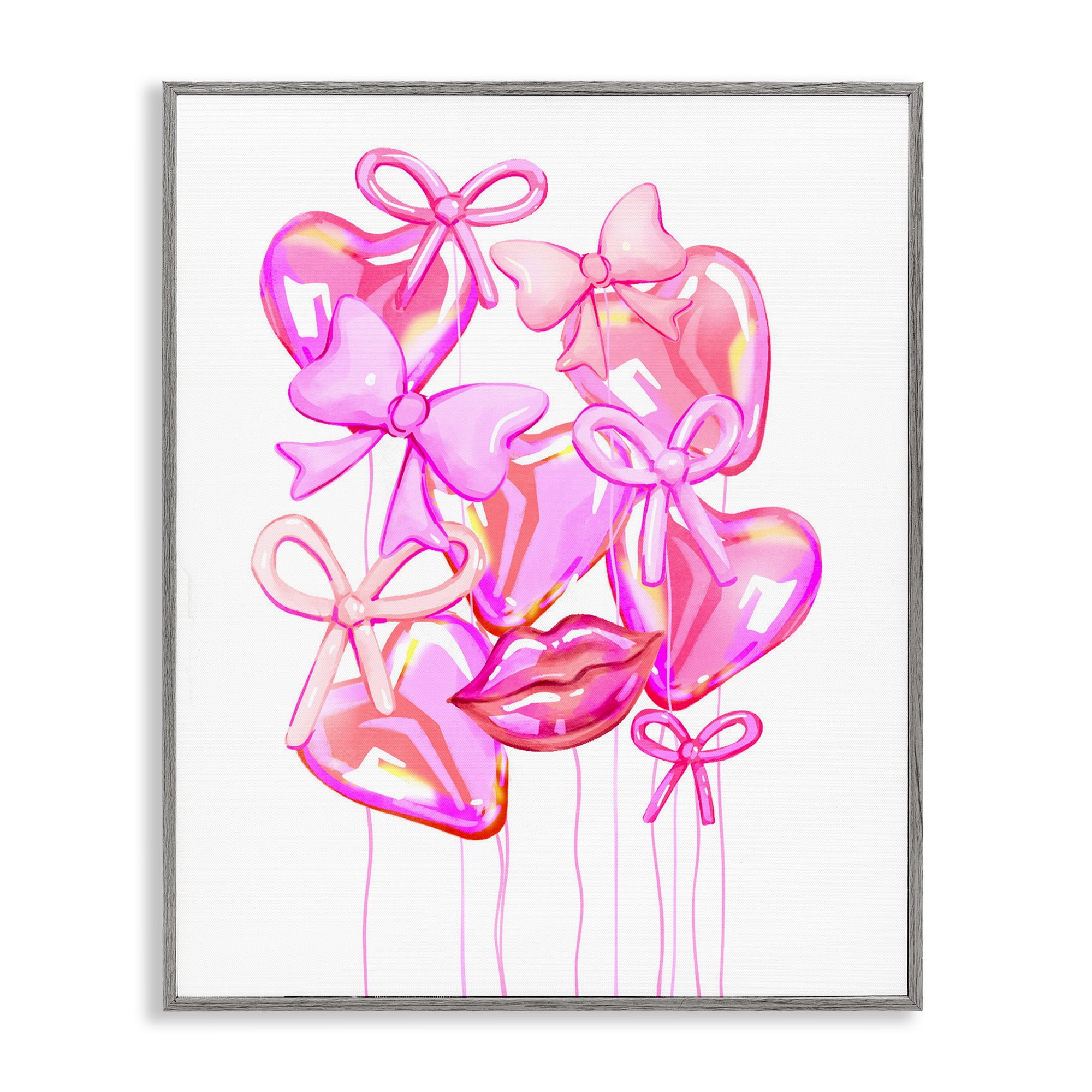 Pink Heart and Bow Balloons Gray Framed Giclee Art, design by Ziwei Li