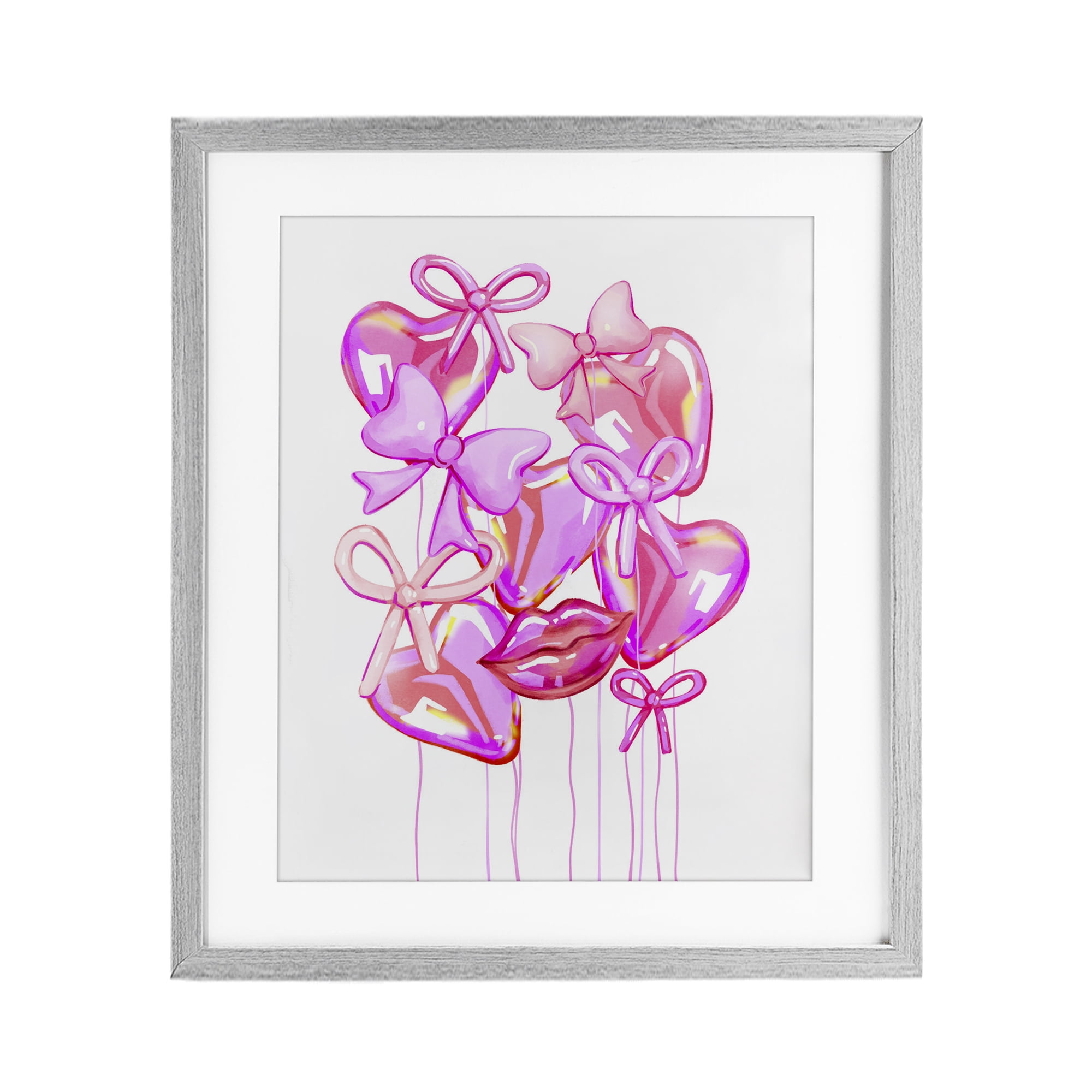 Pink Heart and Bow Balloons Gray Framed Print Under Glass, design by Ziwei Li