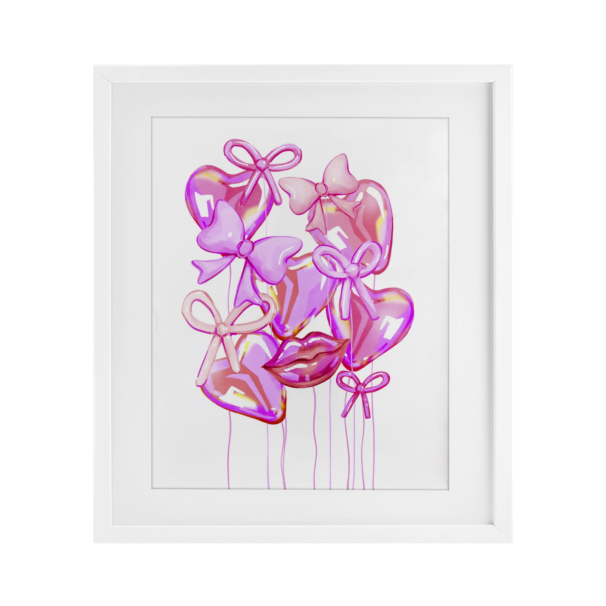 Pink Heart and Bow Balloons White Framed Print Under Glass, design by Ziwei Li