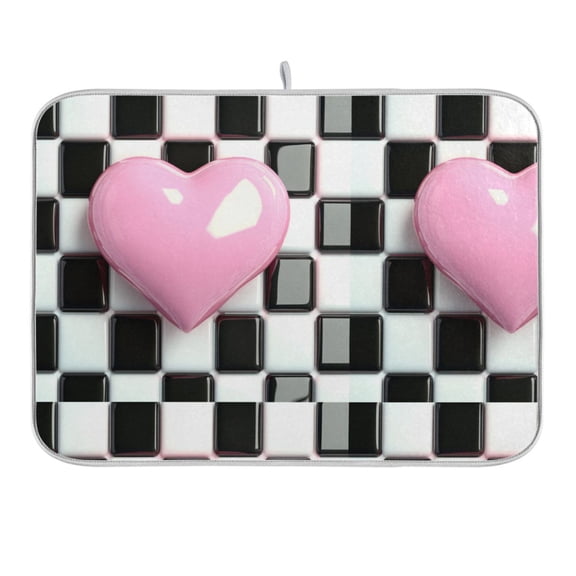 Pink Heart on Checkered Dish Drying Mat 16x18 Absorbent Microfiber Draining Rack Pad for Kitchen Counter Sink