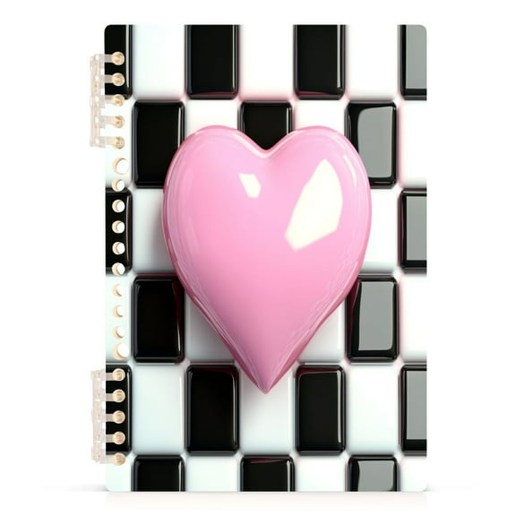 Pink Heart on Checkered Notebooks 1-subject Journal 60 Sheets A5 College Ruled Paper Detachable Ring 8.3"x5.7"