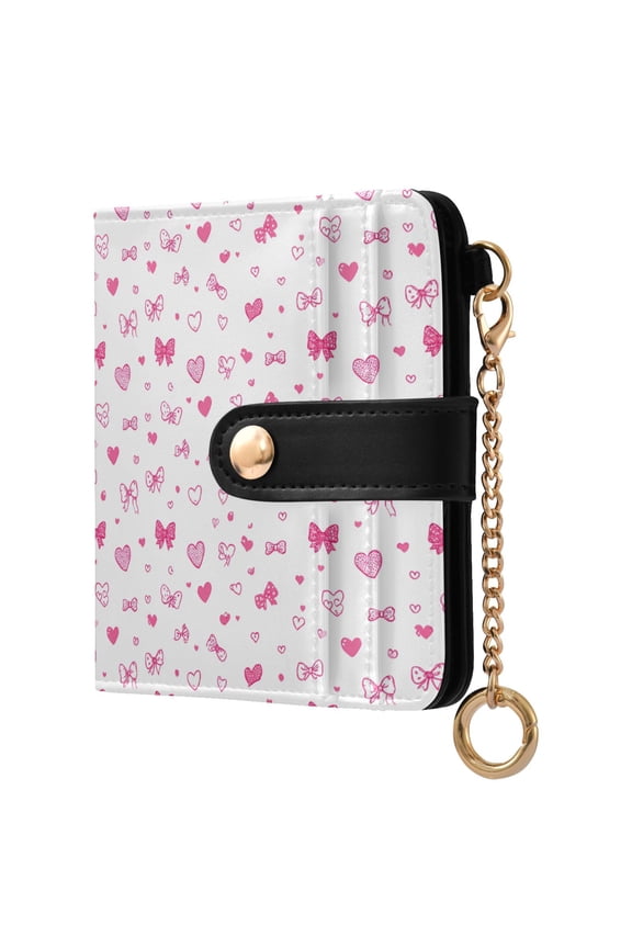 Pink Heart-shaped Bow Small Wallet for Women RFID Blocking Bifold PU Leather Credit Card Holder with Zipper Coin Pocket Compact Cute Travel Purse Magnetic Snap 7 Card Slots