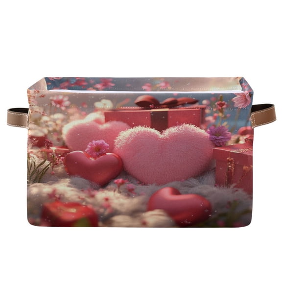 Pink Heart-shaped Plushies Foldable Storage Basket,Canvas Fabric Foldable Storage Bins with Handles Open Home Storage Bins Boxes for Toy Book Shelf Closet Baskets