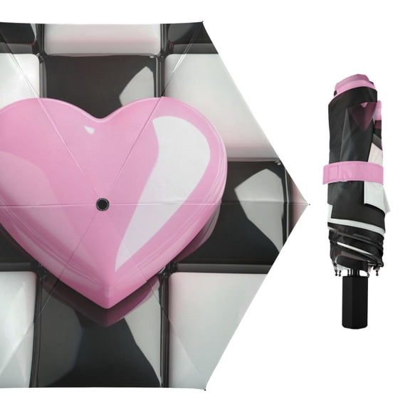 Pink Heart with Checkered Compact Sun Umbrella Windproof Travel Umbrellas for Rain Strong Portable UV Protection