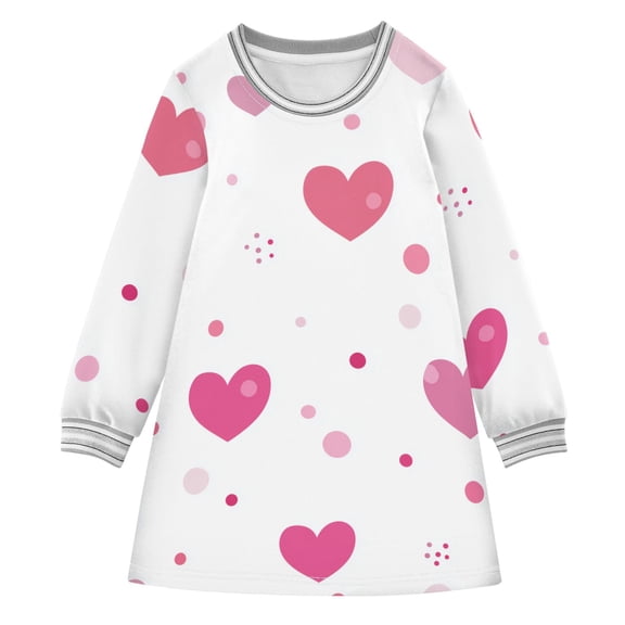 Pink Heart with Polka Dot Valentine Long-sleeved Dress A-line One-Piece Dress for 2-8 Years Casual Party 7-8Y