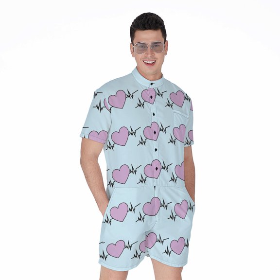 Pink Heartbeat Pattern Short Sleeve Men'S Rompers Casual Summer Jumpsuits Outfit