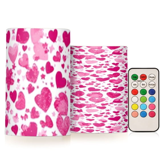 Pink Hearts All over The Screen Flickering Flameless Candles Battery Operated with Remote Timer LED Pillar Candles Set of 2