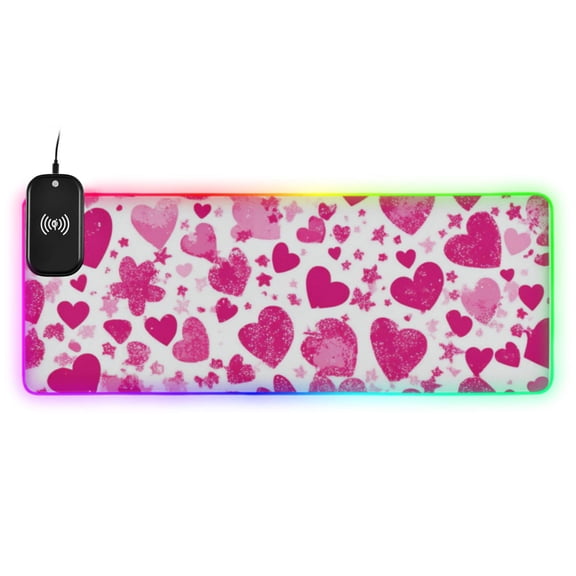 Pink Hearts All over The Screen Wireless Charging RGB Gaming Mouse Pad Large Keyboard Mat Rubber Base 13 Light Modes