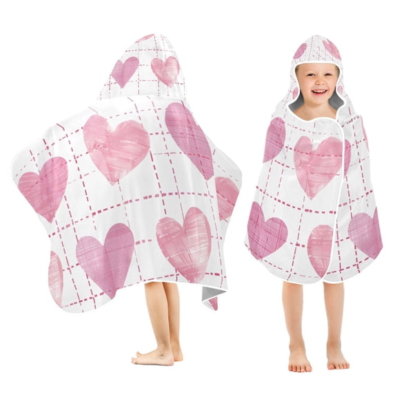 Pink Hearts Checkered Pattern Kids Hooded Beach Towel Baby Bath Poncho Towels with Hood Absorbent 50"x23.5" for Pool Swimming
