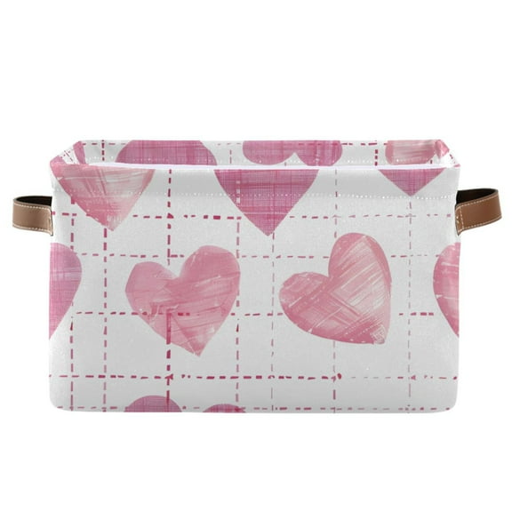 Pink Hearts Checkered Pattern Storage Basket Large Foldable Storage Bin Laundry Baskets Toys Box Book Foldable Organizer Bag 14.2x10.2x8.3 Inches 1 PC