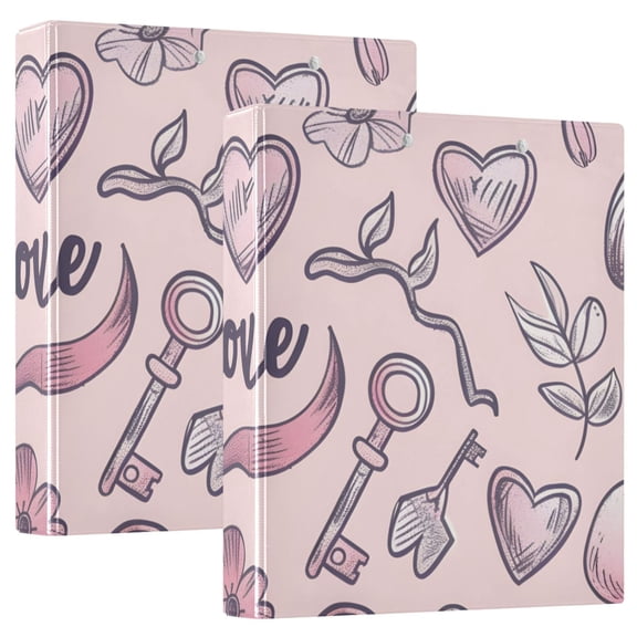 Pink Hearts Flowers Keys 3 Ring Binders 1.5 inch Hardcover File Folders with Interior Pockets A4 Size Organizer for School Office Hospital