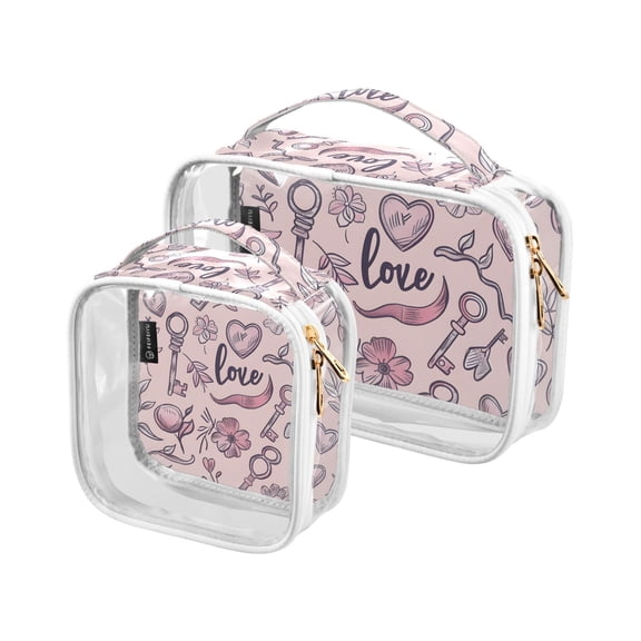Pink Hearts Flowers Keys Clear Cosmetic Bags with Handles PVC Toiletry Bags Zipper Waterproof Portable for Traveling 2 Pcs