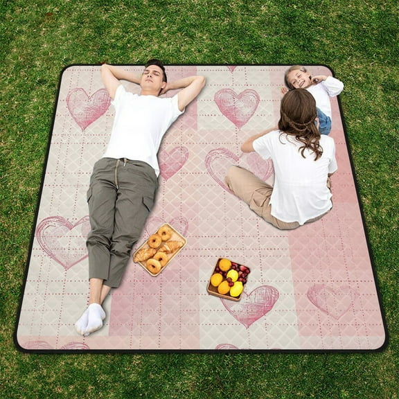 Pink Hearts Grids Beach Blanket Outdoor Picnic Blanket 78"x 78" Waterproof Foldable for Beach Camping Travel Hiking Grass Lawn Park