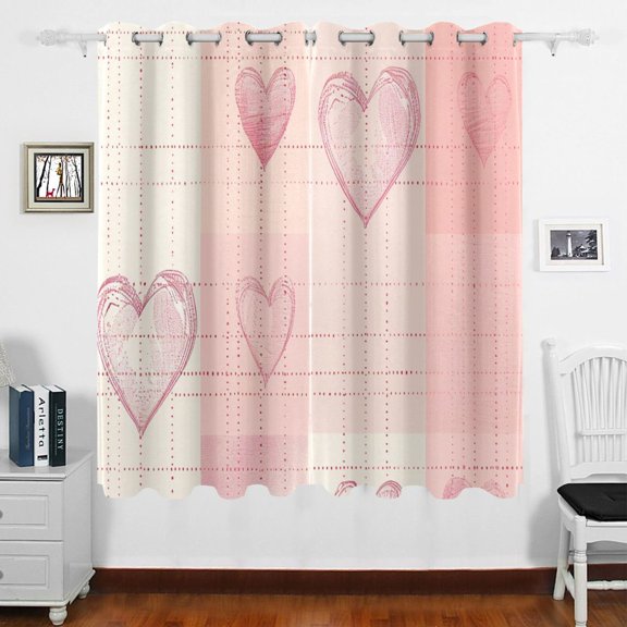 Pink Hearts Grids Curtains Black Out 63 Inch Length Curtains for Sliding Glass Doors Bedroom Living Room 2 Panels Set