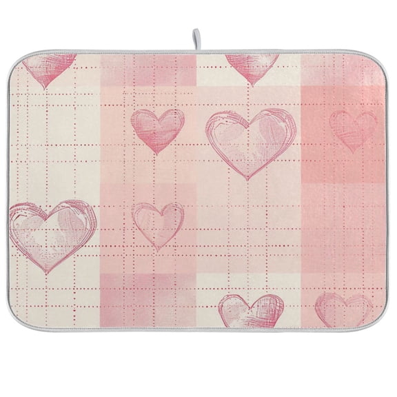 Pink Hearts Grids Dish Drying Mat Dish Drainer Rack Mats Water Absorbent Non-Slip Easy Clean Heat Resistant for Kitchen Counter