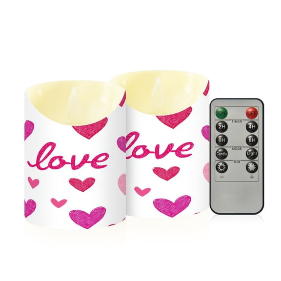 Pink Hearts Love Text Valentine Flickering Flameless Candles with Remote Timer Battery Operated LED Tealight Set of 2 S