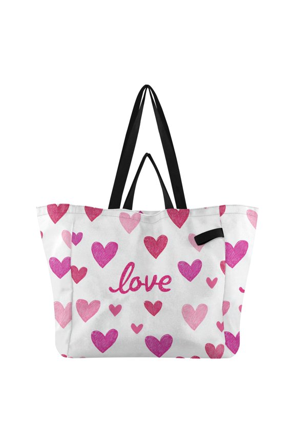 Pink Hearts Love Text Valentine Foldable Canvas Tote Bags Reusable Grocery Bags Laundry Bags Beach Bag 32L
