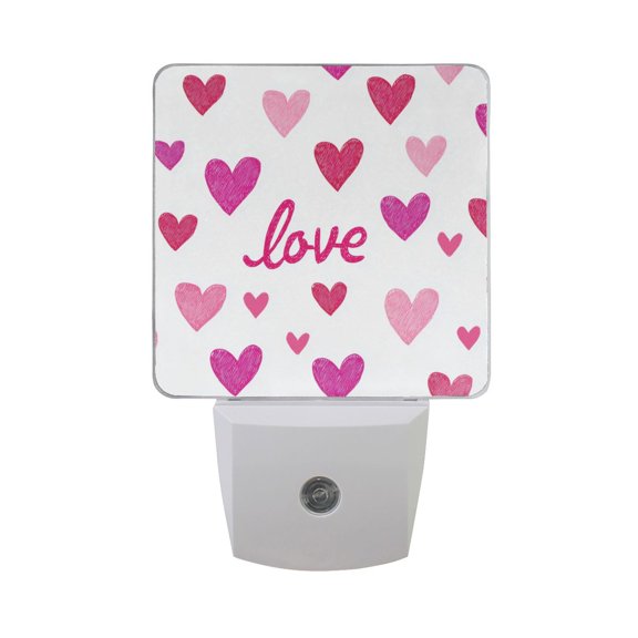 Pink Hearts Love Text Valentine LED Night Light Sensor Lamp Plug-in Adjustable Brightness 2 Pack