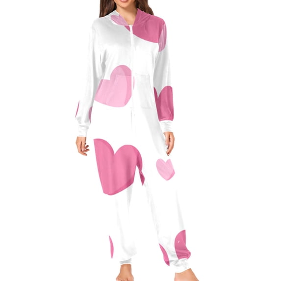 Pink Hearts Valentine Adult's Hoodie Onesie Jumpsuit One-Piece Pajamas with Zipper Unisex for Holiday XL