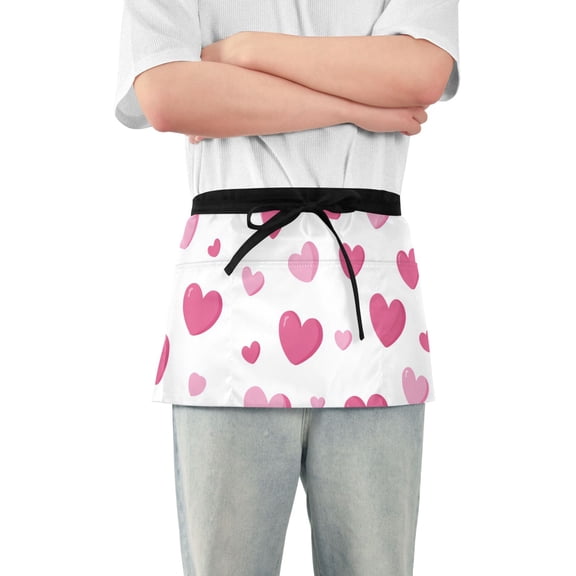 Pink Hearts Valentine Short Server Apron with 3 Pockets for Unisex Chef Gardening