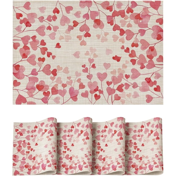 Pink Hearts Vinyl Placemats Set of 4, 12x18 Inch Wipeable Non-Slip PVC Place Mats for Party Kitchen Dining Decor