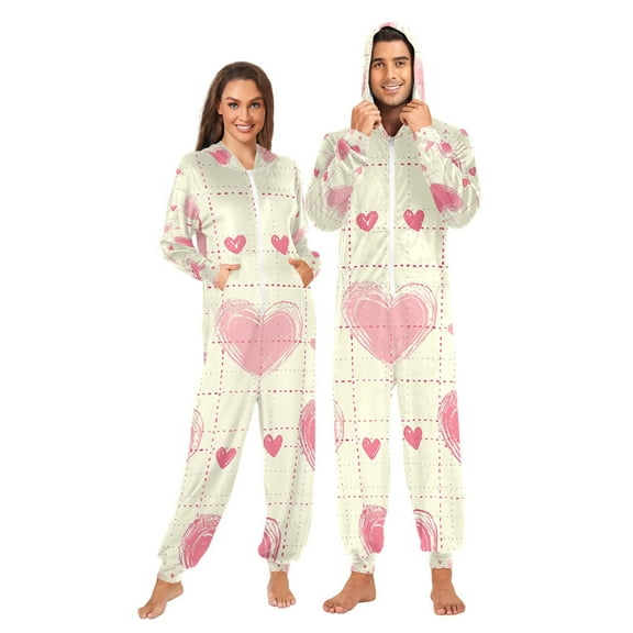 Pink Hearts in Grids Adult Onesie Pajamas Slim Fit Christmas One Piece Suit Pjs for Women and Men Hooded Zipper