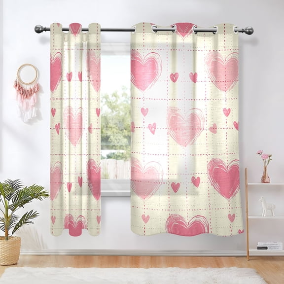 Pink Hearts in Grids Blackout Curtains 63 inch Length 2 Panels Window Decoration Curtains for Bedroom Living Room