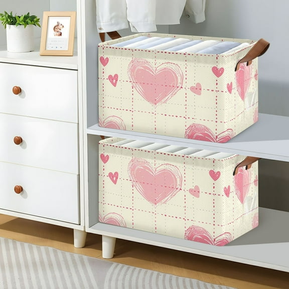 Pink Hearts in Grids Foldable Storage Large Fabric Storage Baskets Organizer Storage Bins with Handles for Shelves
