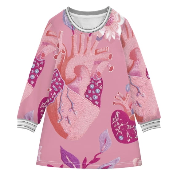 Pink Hearts with Flowers Valentine Long-sleeved Dress A-line One-Piece Dress for 2-8 Years Casual Party 5-6Y