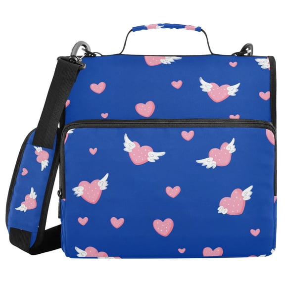 Pink Hearts with Wings Valentine Binder Bag with Shoulder Strap 3 Ring Zipper Binder File Folder Document Storage