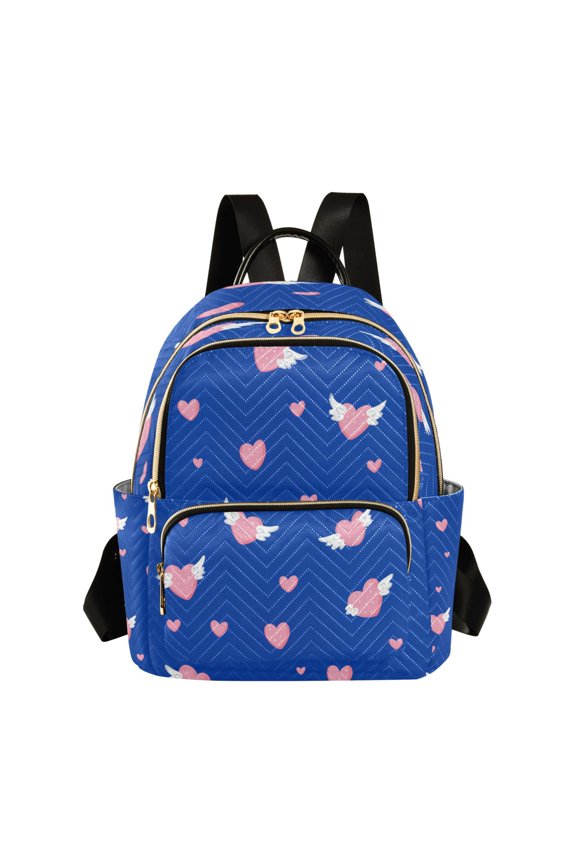 Pink Hearts with Wings Valentine Quilted Backpack Fashion Daypack Commuter Bag for Women 14 L