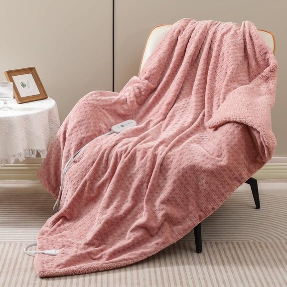 Pink Heated Blanket Full Size Throw Waffle Fleece Heating Warming Blankets with Auto Shut Off for Couch Office Chair Bed Adults Fuzzy Cozy Machine Washable 72x84