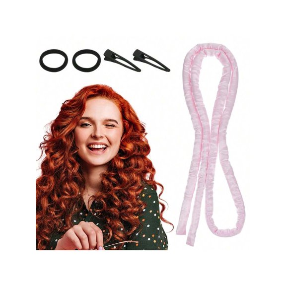 Pink Heatless Curling Rod Headband With Hair Ties And Clips For Overnight Curls
