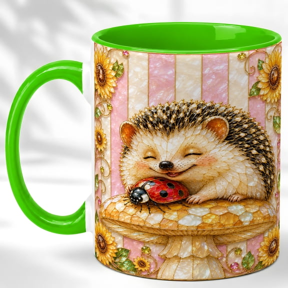 Pink Hedgehog Ladybug Coffee Mug, Floral Animal Mug, Ceramic 11 oz