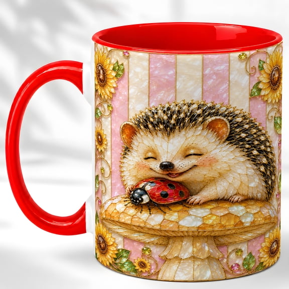 Pink Hedgehog Ladybug Coffee Mug, Floral Animal Mug, Ceramic 11 oz