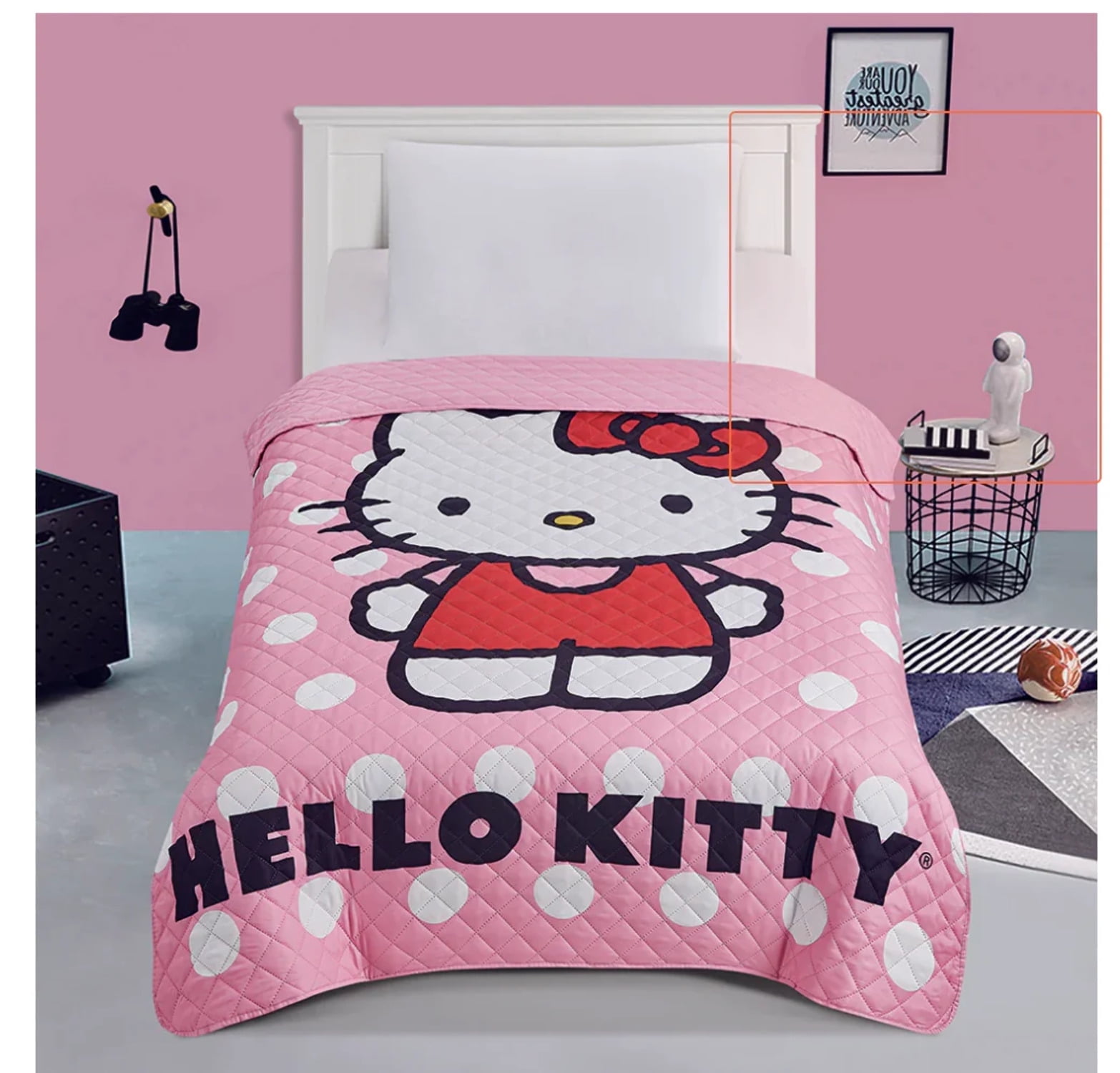 Pink Hello Kitty Polka Dots Twin/Full Quilted Bedspread Only