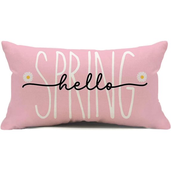 Pink Hello Spring Decorations Pillow Cover, 12 x 20 Inch Summer Saying Farmhouse Cushion Case for Sofa Couch(Pink,12''''x20'''')