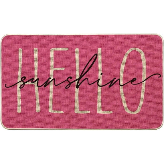 Pink Hello Sunshine Summer Decorative Doormat, Seasonal Spring Holiday Low-Profile Floor Mat Switch Mat for Indoor Outdoor 17 x 29 Inch