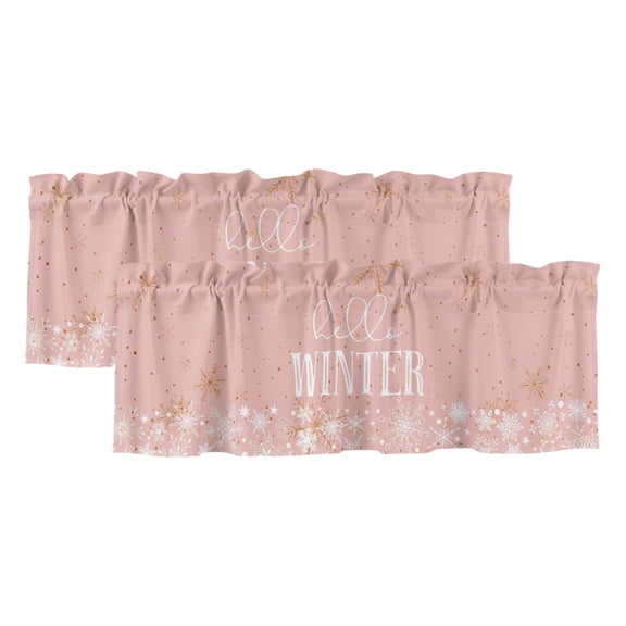 Pink Hello Winter Curtain Valances for Windows, Xmas Winter Snowflake Yellow Pink Light Filtering Kitchen Curtains, Rod Pocket Window Valance Curtains for Living Room Bedroom, 42" W x 12" L, 2 Panels