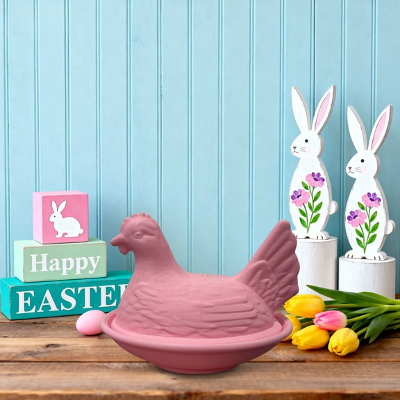 Pink Hen on Nest Glass Candy Dish with Lid, Crystal Glass Bowls with Lids for Snacks, Cookies and Dessert, Decorative Candy Bowl Jar for Kitchen Counter Office Tabletop Decor