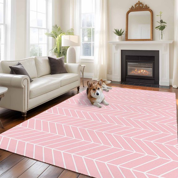 Pink Herringbone Stripes Area Rugs 5x7 ft Modern Abstract Geometric Pink Simple Lines Washable Rug Non Slip Indoor Carpet Absorbent Floor Mat for Living Room Bedroom Dining Room
