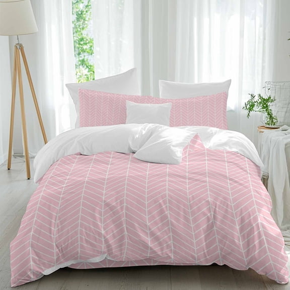 Pink Herringbone Stripes Queen Size Comforter Set, Modern Abstract Geometric Pink Simple Lines Bedding for All Seasons, 4 Pcs Bed Set, 1Quiltcover (90"x92") ,1Sheet(94"x116"), 2Pillowcases (30"x20")