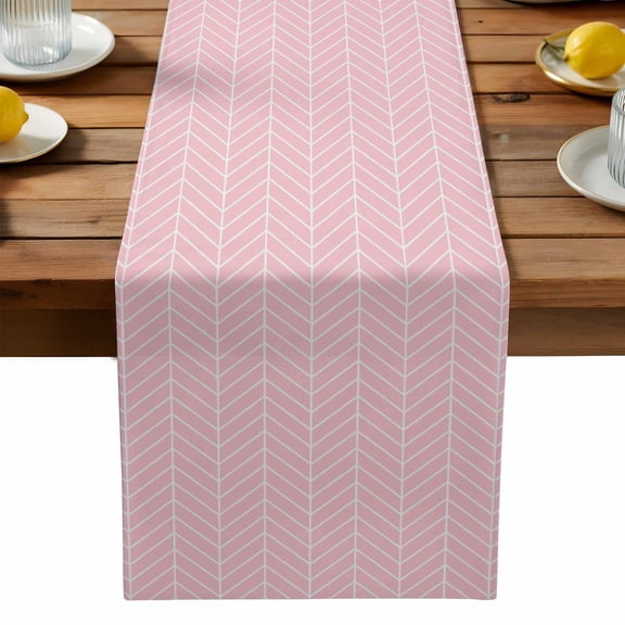 Pink Herringbone Stripes Table Runner, Modern Abstract Geometric Pink Simple Lines Washable Kitchen Table Runners Dress Scarves for Dining Table Decorations Party, 13x36in