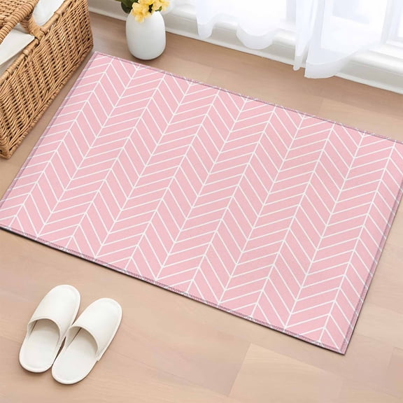 Pink Herringbone Stripes Washable Small Entryway Area Rugs 2'x3', Modern Abstract Geometric Pink Simple Lines Low Pile Throw Rug Non-Slip Sturdy Edge Binding Carpet for Front Door Floor Room Entry