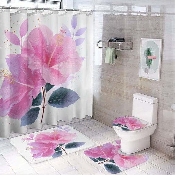 Pink Hibiscus 4 Piece Shower Curtain Sets Shower Curtain And Rugs Shower Curtain Set Tropical Floral Waterproof Personality Pattern Bath Curtain for Bathroom Decor