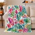 thumbnail image 1 of Pink Hibiscus with Fan Palms and Teal Leaves, Cheerful Tropical Style for Flower Lovers, Island Blossom Canopy and decorative theme Gift, Cozy Flannel Blanket for Sunroom and Bedroom, Home Decor, 1 of 9
