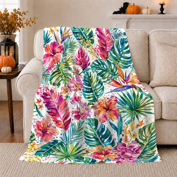 Pink Hibiscus with Fan Palms and Teal Leaves, Cheerful Tropical Style for Flower Lovers, Island Blossom Canopy and decorative theme Gift, Cozy Flannel Blanket for Sunroom and Bedroom, Home Decor